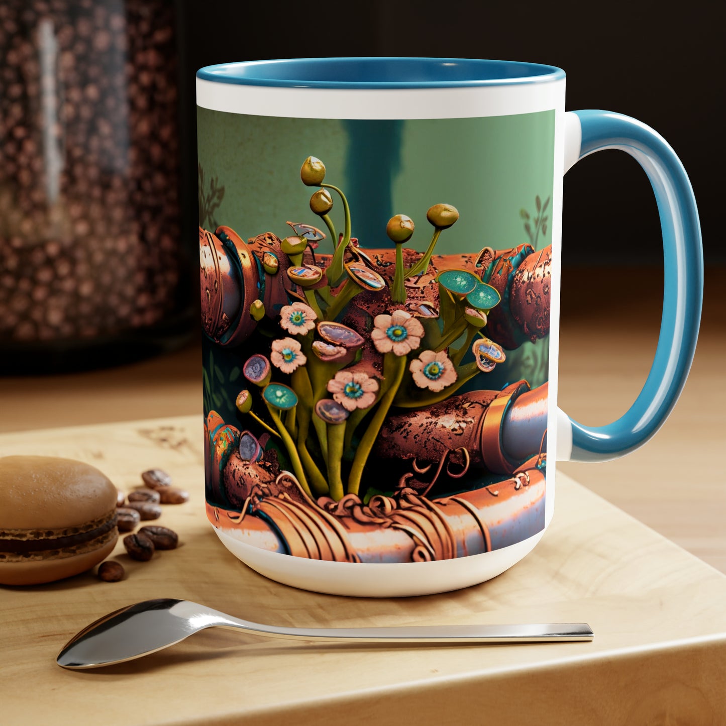 Funky Art Coffee Mugs, 15oz. Flower in copper pipes