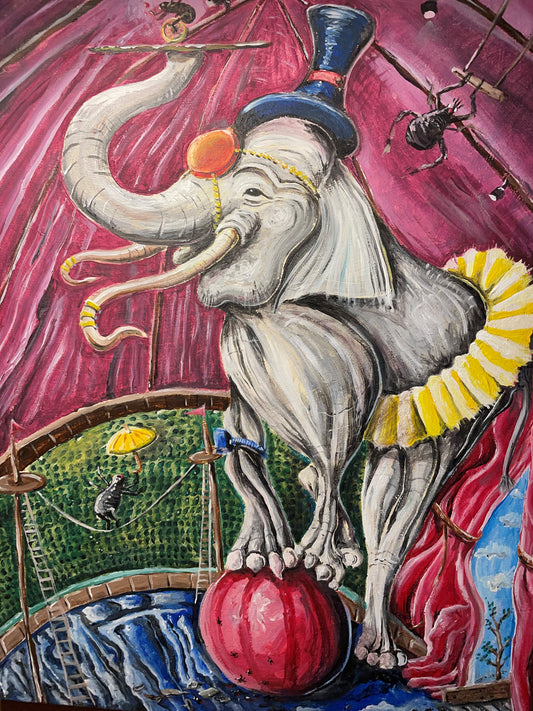 funky art original painting "elephant in a flea circus"